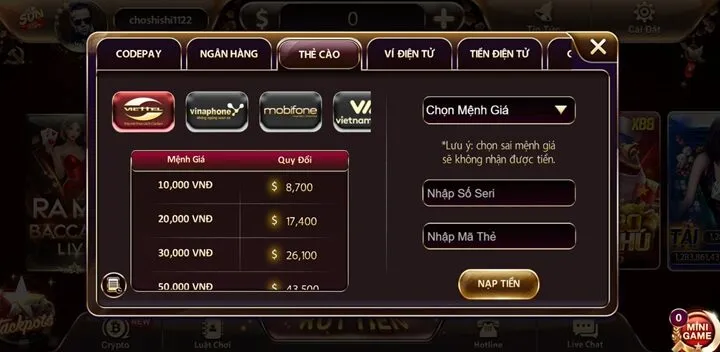 Hướng dẫn nạp tiền Sunwin 